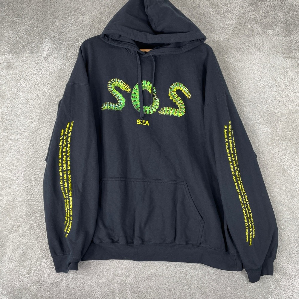 SZA SOS Hoodie Mens 2XL Black Caterpillar Tour Merch Tracklist Sleeve Pullover